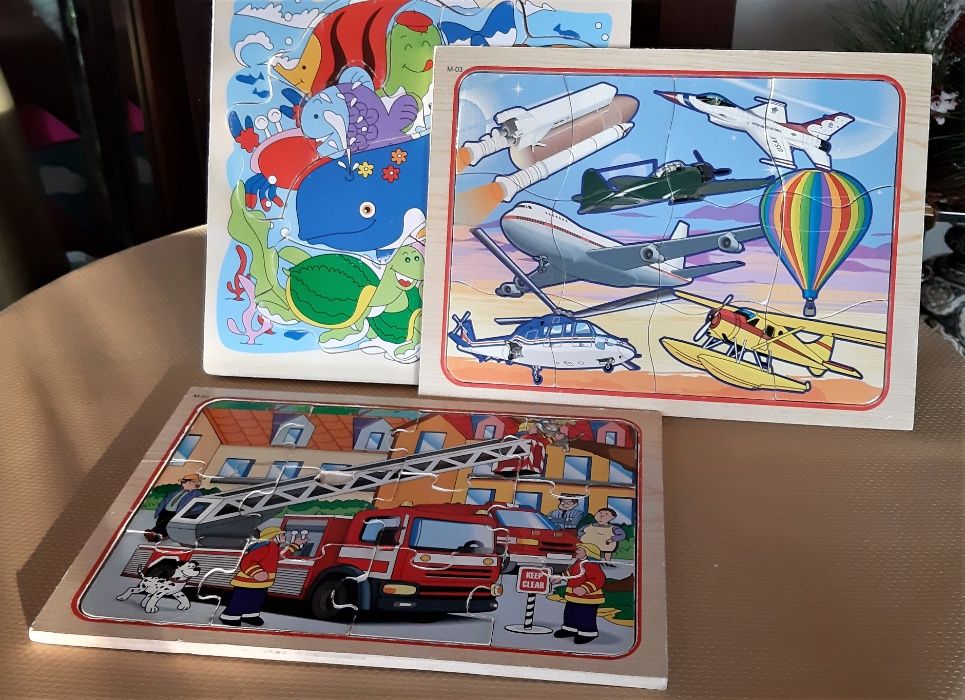 Zestaw 3 puzzli drewnianych dla dzieci: straż, samoloty, ocean.