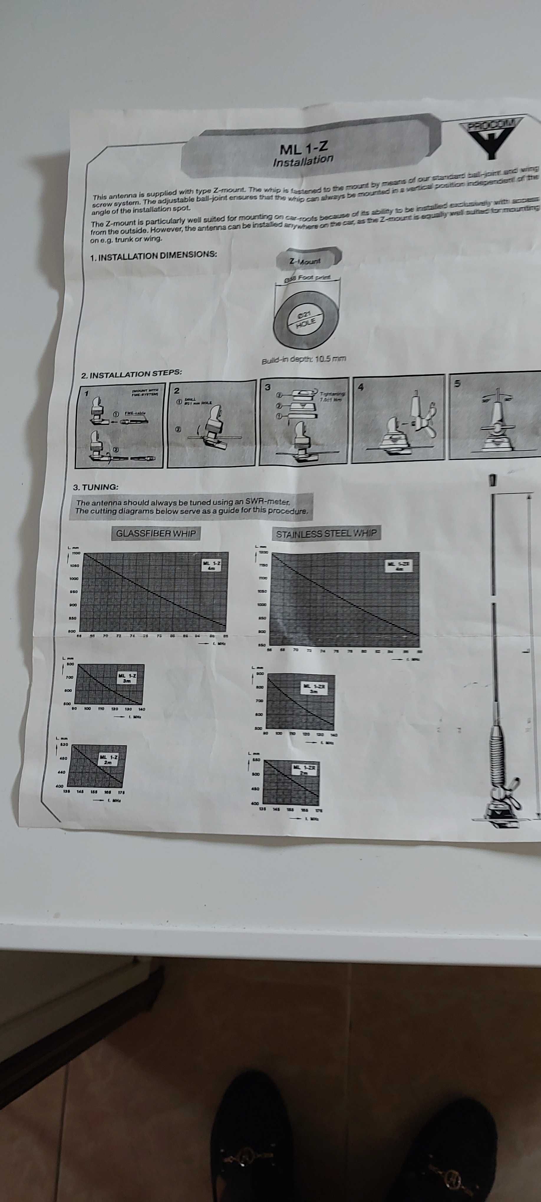 3 Antenas 1/4 Onda Procom ML 1-ZP4RK Banda 80MHz com suporte e cabo