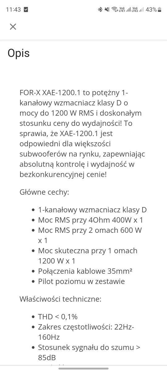 Wzmacniacz mono 1200W w 1ohm