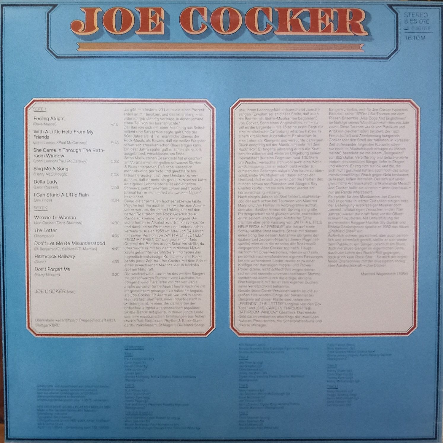 JoeCocker Winyl Joe Cocker LP 1985 Amiga DDR EX