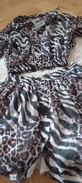 Komplet la diva panterka zebra szyfon spódnica koszula bluzka krótka