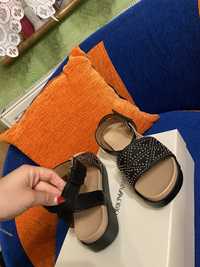 Nowe skórzane sandały Emporio Armani 37 skóra czarne srebrne platofrma