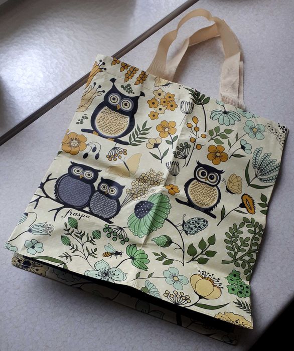 Torba zakupowa żółta w sowy i motywy roślinne