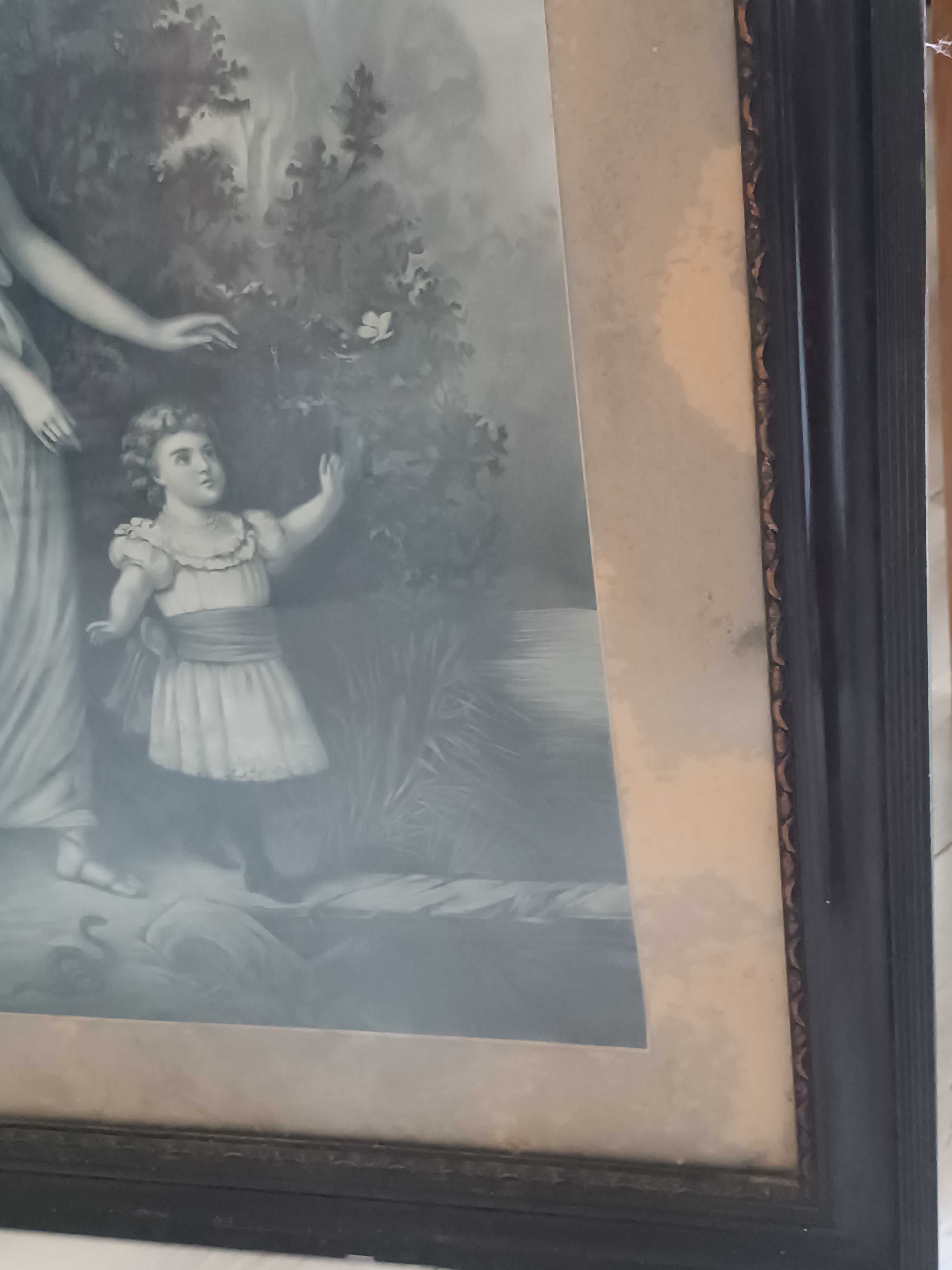 Stare obrazy za szkłem litografie? secesja? Anioł stróż z dzieckiem