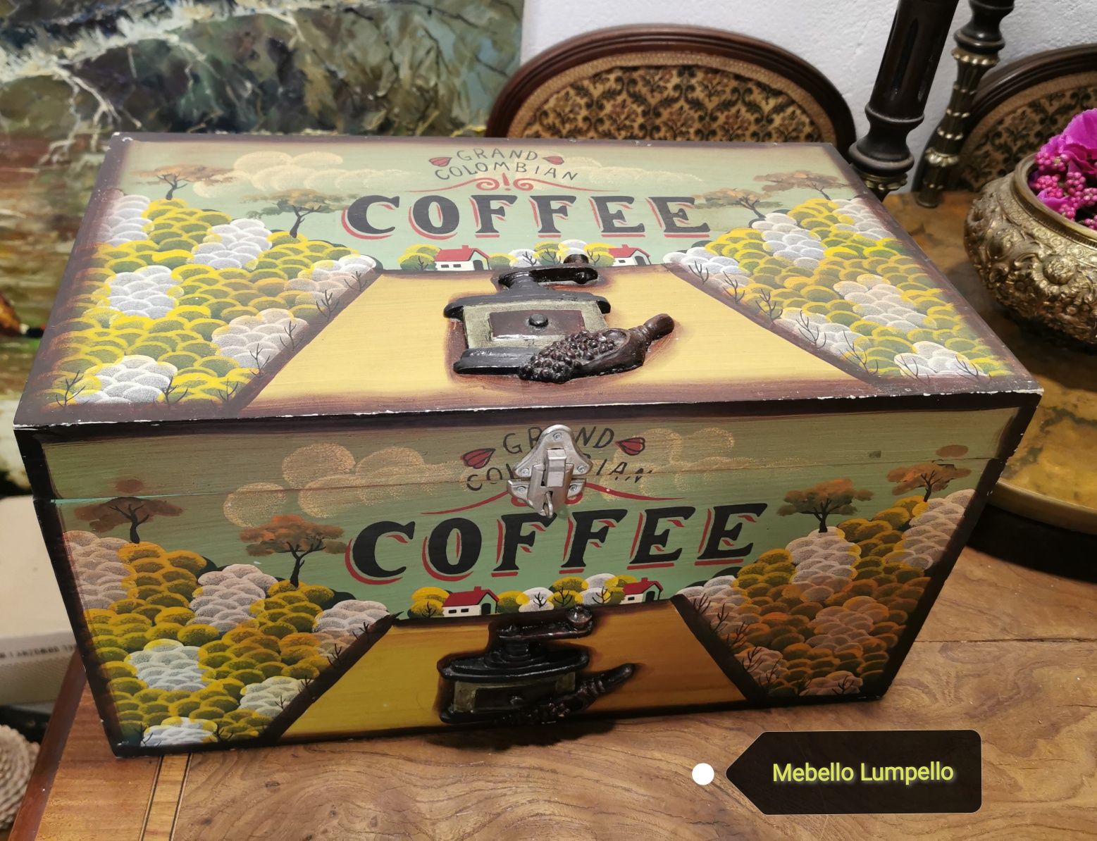 Kufer kuferek skrzynka dekoracyjna malowana CAFFEE skrytka