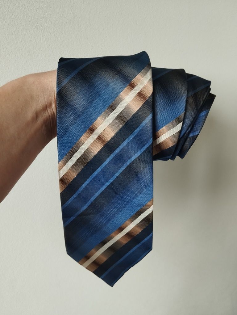 Krawat jedwabny 100% silk, 9cm, beżowy, granatowy, w paski