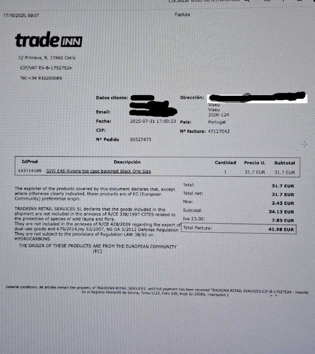 Encosto GIVI para top case E46 Riviera (novo, embalado)