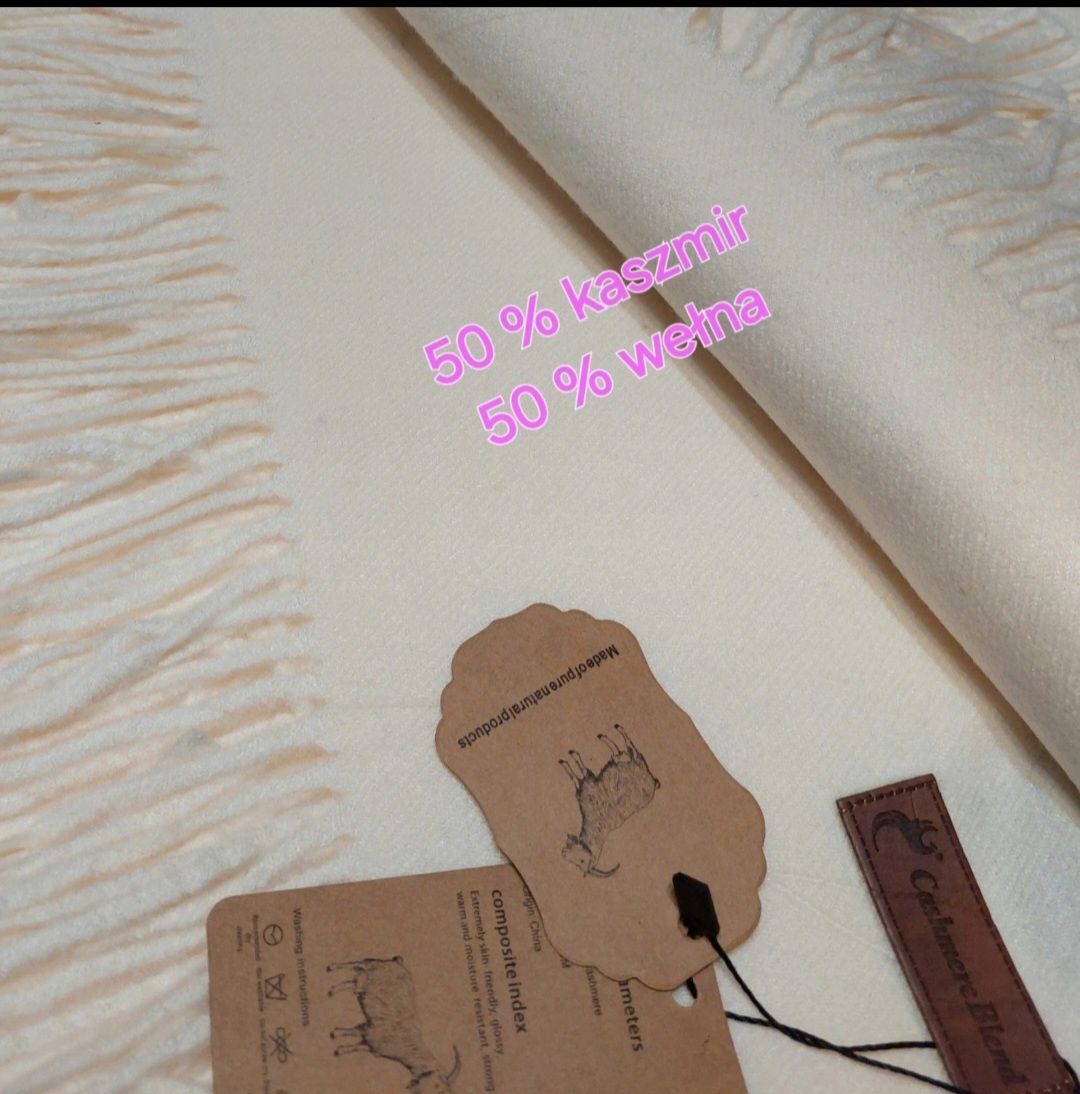 Piękny szal 50% kaszmir 50% wełna Cashmere Blend r.200/70 cm kolor ekr