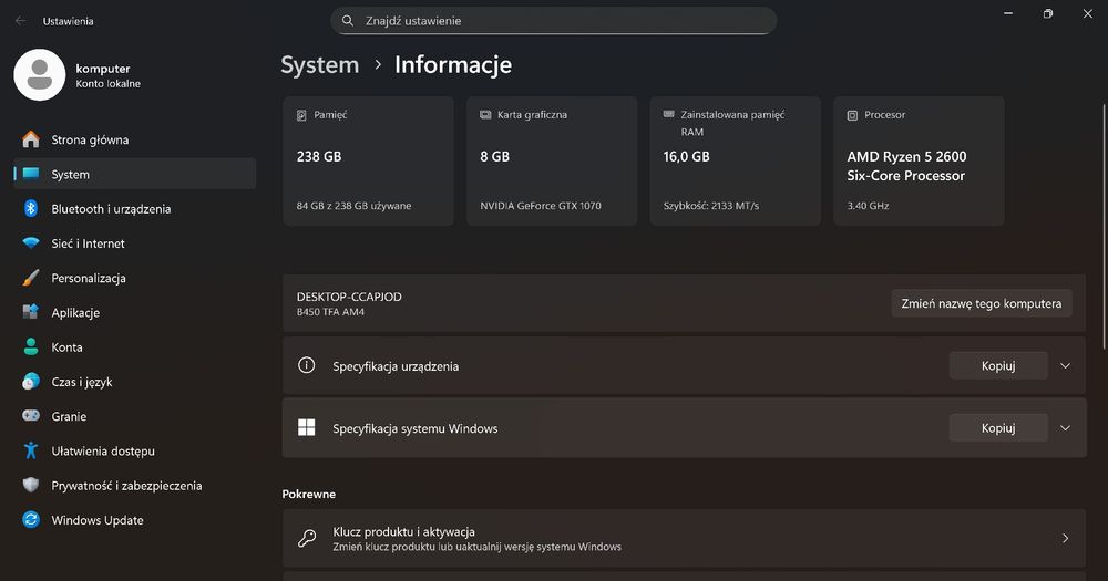 Komputer gamingowy ryzen 5/SSD/16 GB ram/ windows 11