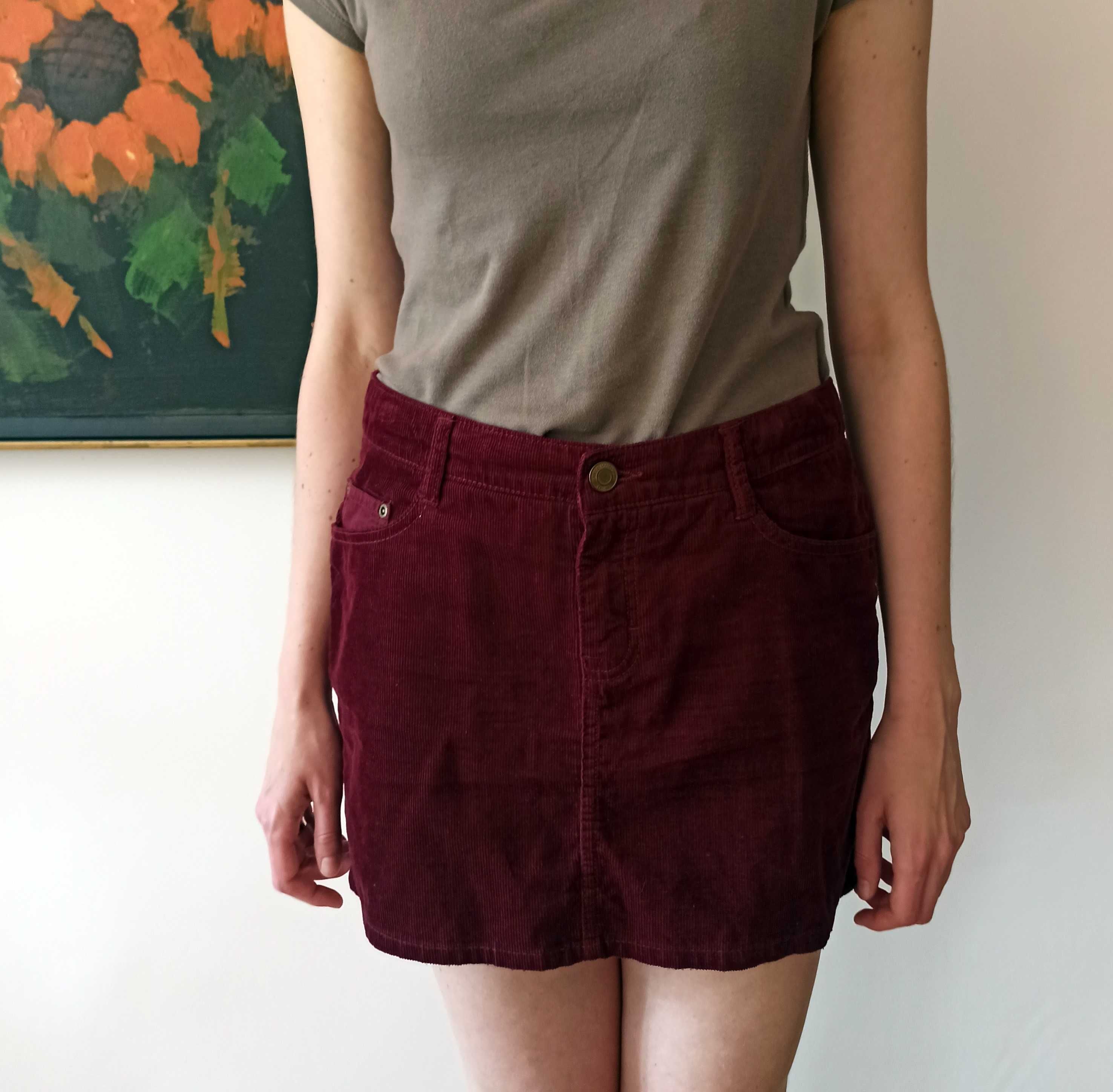 Bordowa burgundowa spódnica mini H&M sztruksowa bawełna 100%