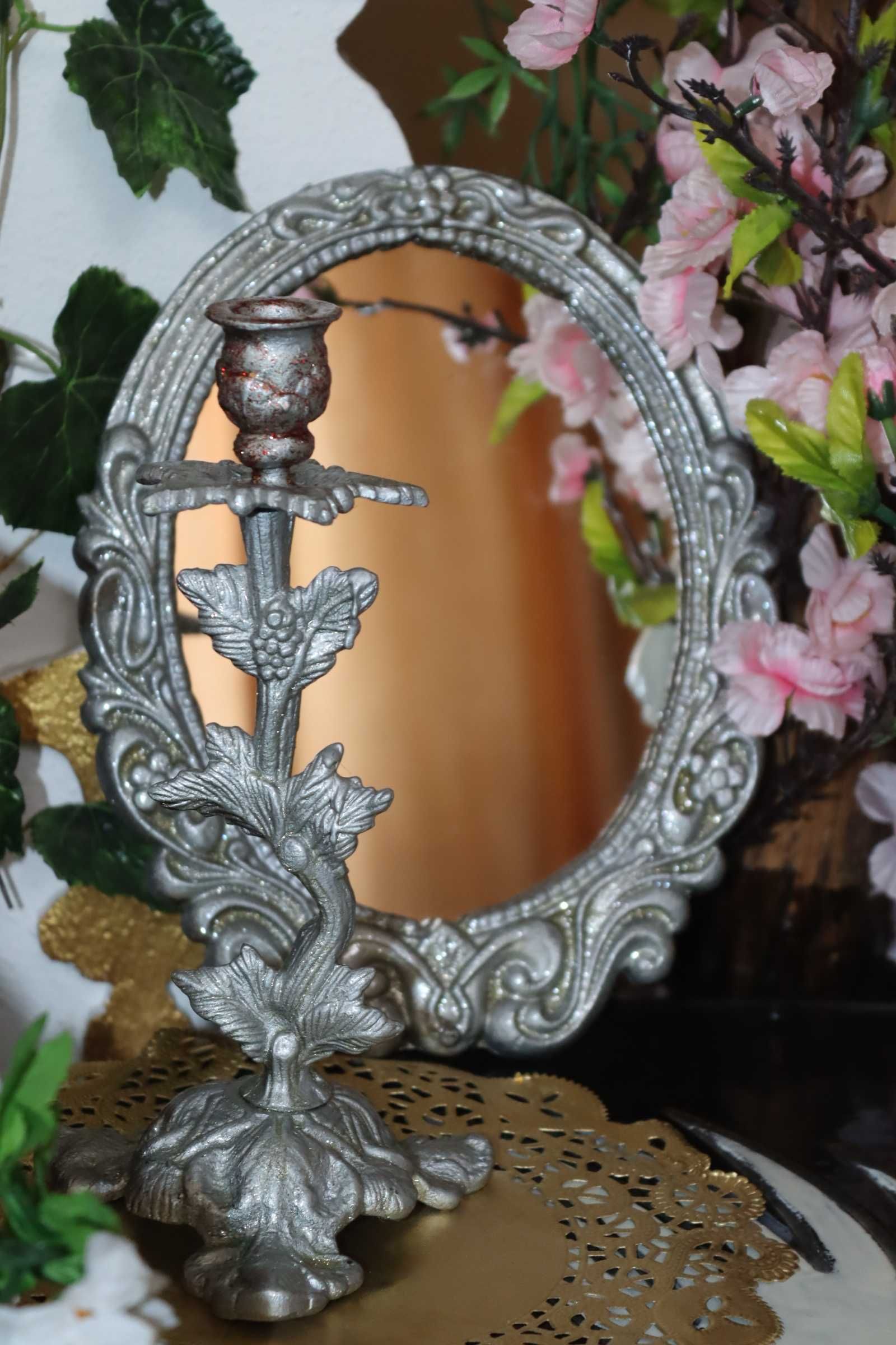 Винтажный комплект зеркало бронзовое и подсвечник