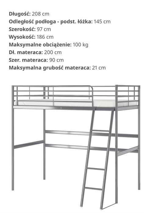 SVÄRTA Rama łóżka na antresoli, srebrny, 90x200 cm