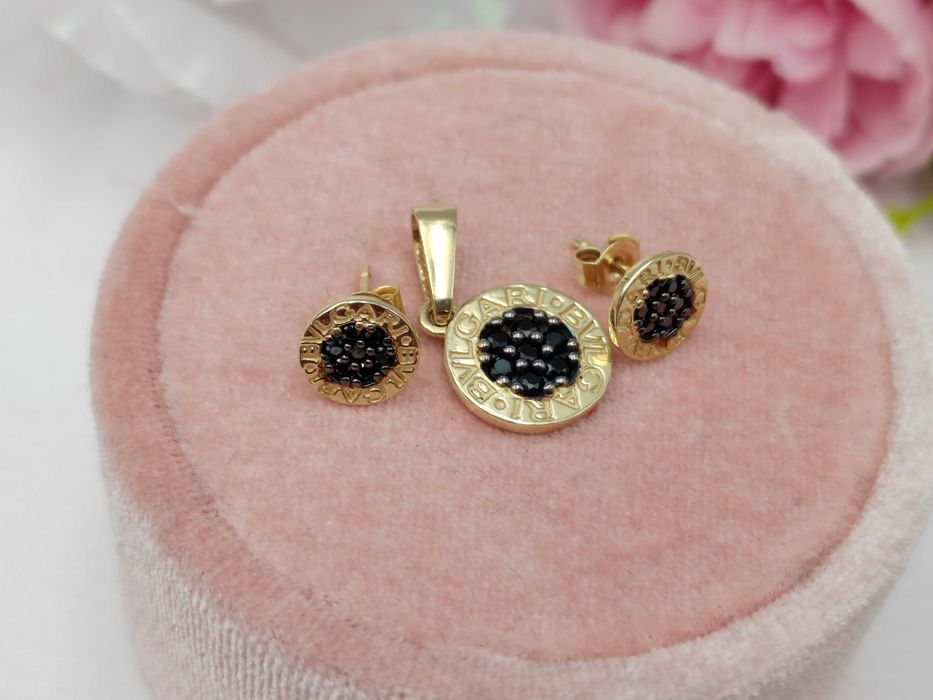 NOWY Złoty Komplet Kolczyki i Zawieszka Bvlgari  / Złoto 585