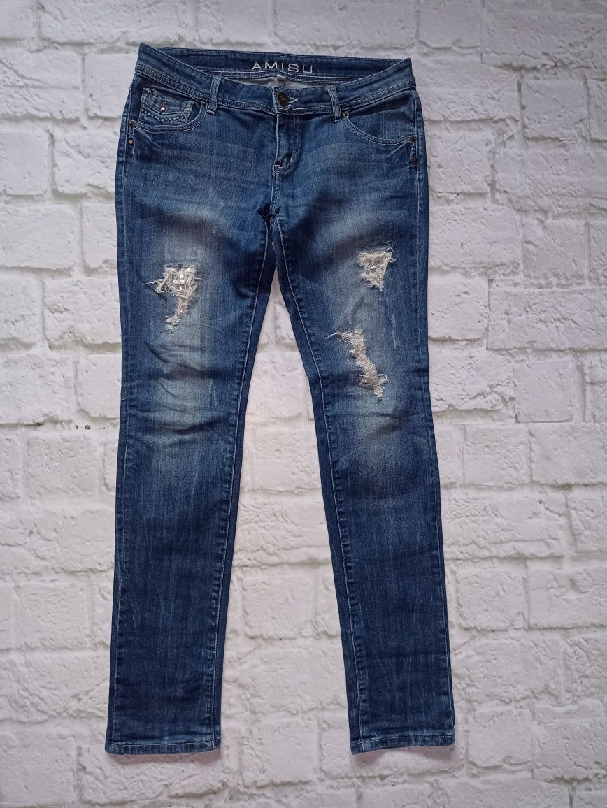 Amisu kultowe spodnie jeansowe z dziurami, cekiny R.L 40
