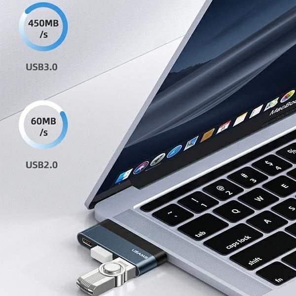 USAMS Adapter Hub USB-C - USB 3.0/USB 2.0, Szary, Ładowanie 60W
