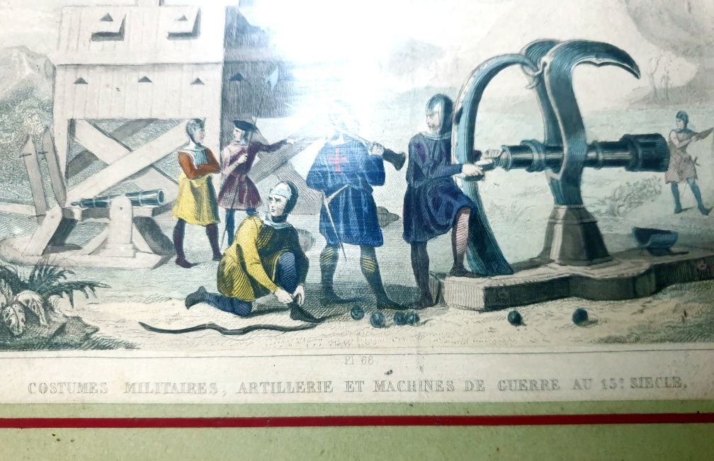 Quadro com antiga gravura francesa de costumes Militares do Sec. XV