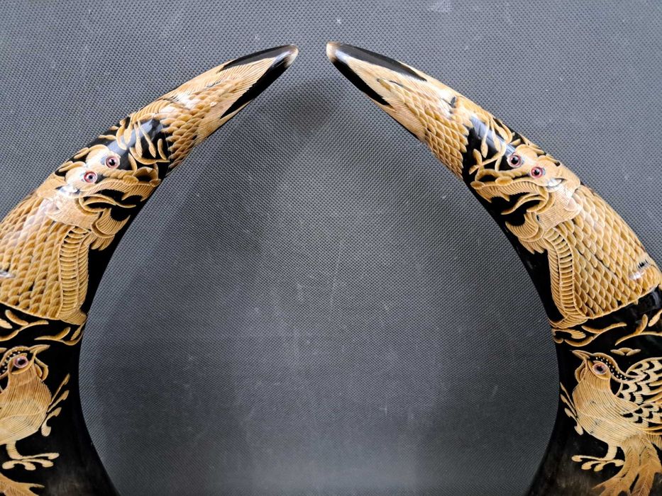 Chińskie rogi bawole, para, rzeźbione