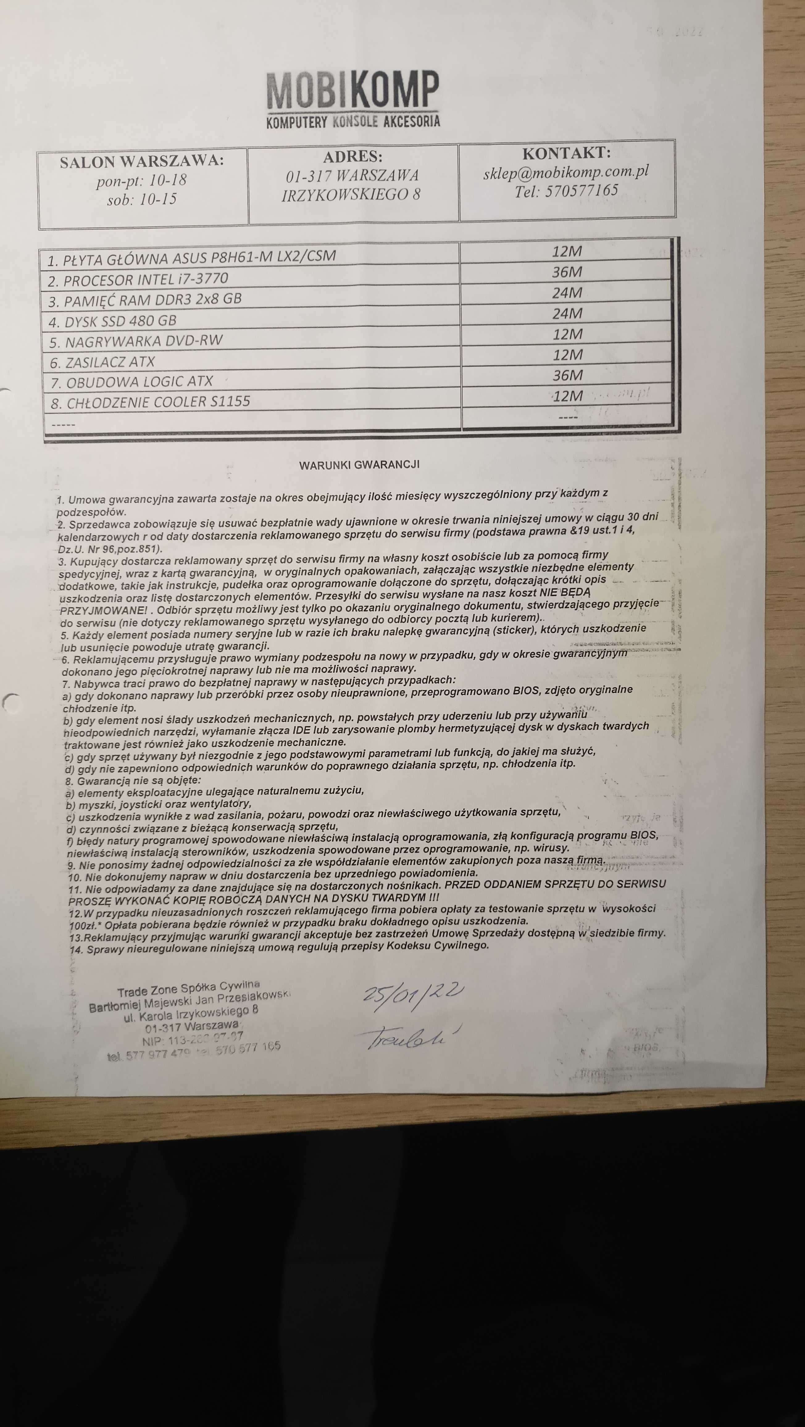 Komp stacjonarny i7, 16 MB, SSD 480 MB, Win 10Pro+monitor + klawiatura