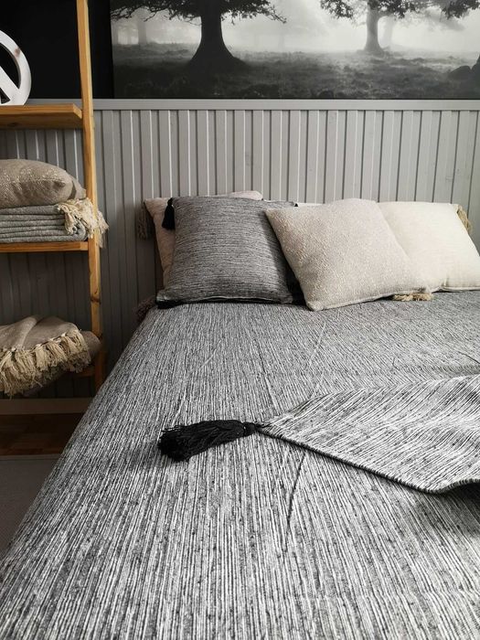Narzuta bawełna boho loft 200x220 chwosty frędzle melanż czarna