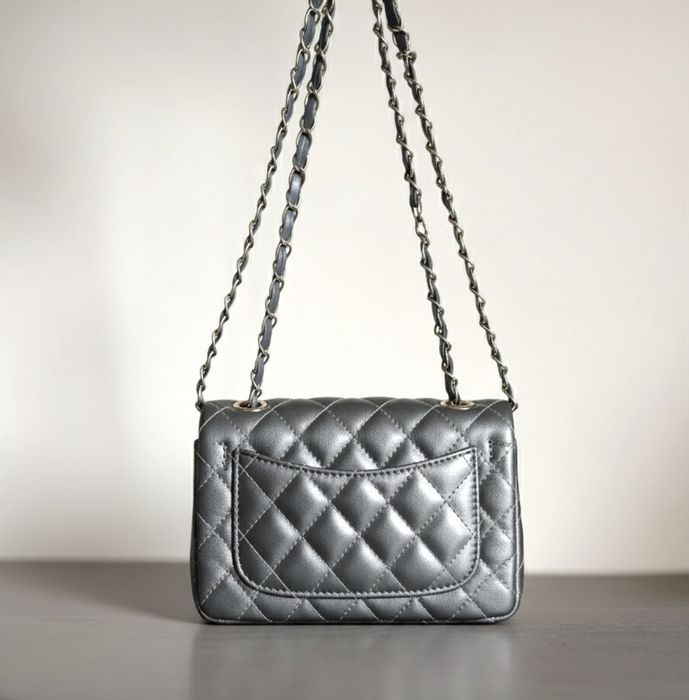 Chanel Mini Square Flap Bag Torebka Metaliczna Szarość z łańcuszkiem
