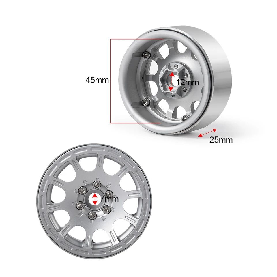 4 aluminiowe felgi beadlock rc 1.9" srebrne TRX SCX MST REELY FMS HPI