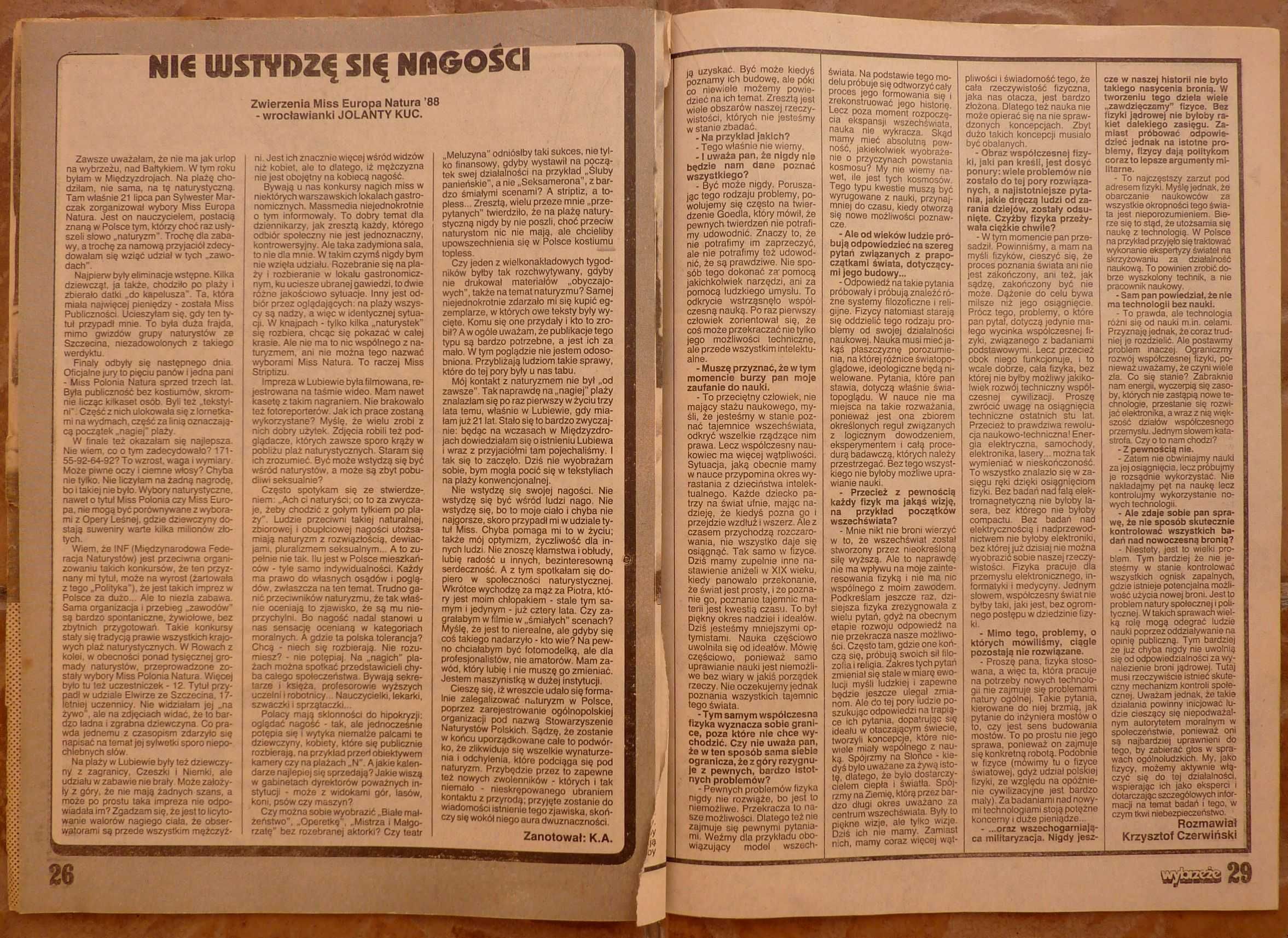 WYBRZEŻE tygodnik nr 2/1989 -plakat Miss Europa Natura '88 JOLANTA KUC