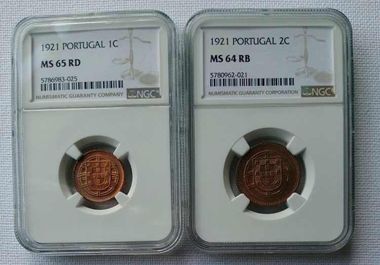 Moedas Portugal: 1 e 2 Centavos 1921 NGC MS 65 RD e MS 64 RB