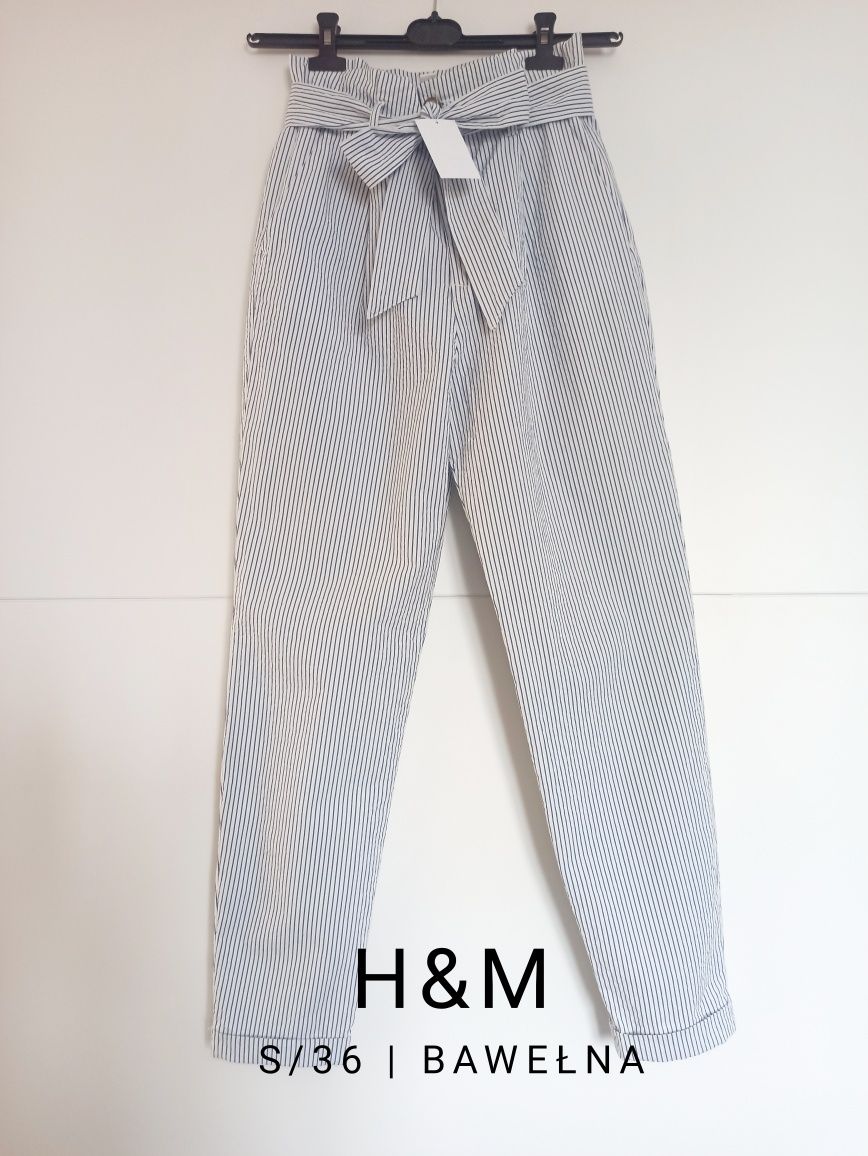 H&M spodnie bawełniane w paski z wysokim stanem wiązane S