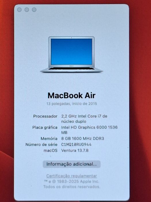 MacBook Air 13.3'' Core i7 2.2GHz 8 Gigas RAM, SSD 256 GB,MacOSVentura