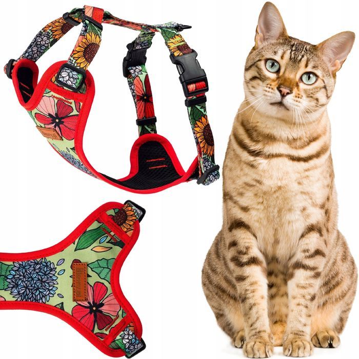 bezuciskowe szelki na spacery dla małej kotki regulowane w kwiatki