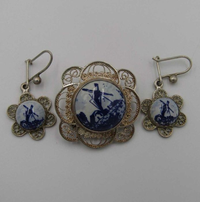 Broche de porcelana Vintage Silver Delft com conjunto de brincos