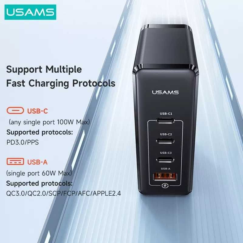 ⇒ Зарядное устройство USAMS GaN 100W  (4 USB) + Кабель Type-C 100W PD