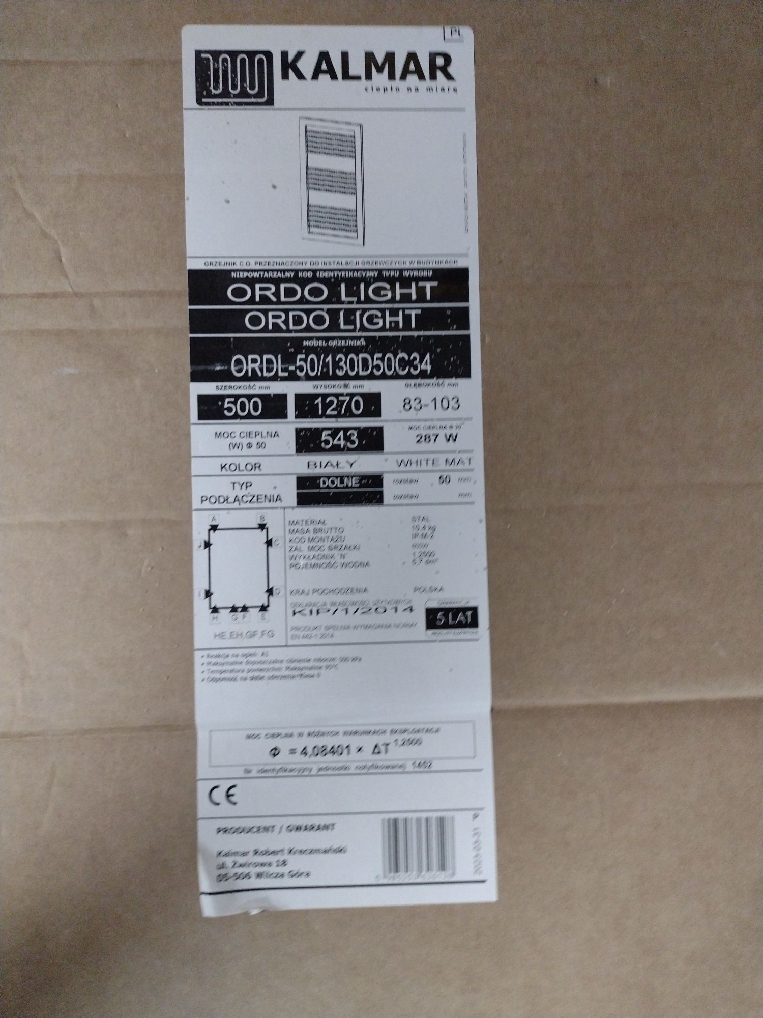 Nowy kaloryfer ścienny firmy Kalmar, model Ordo Light, 127 x 50 cm