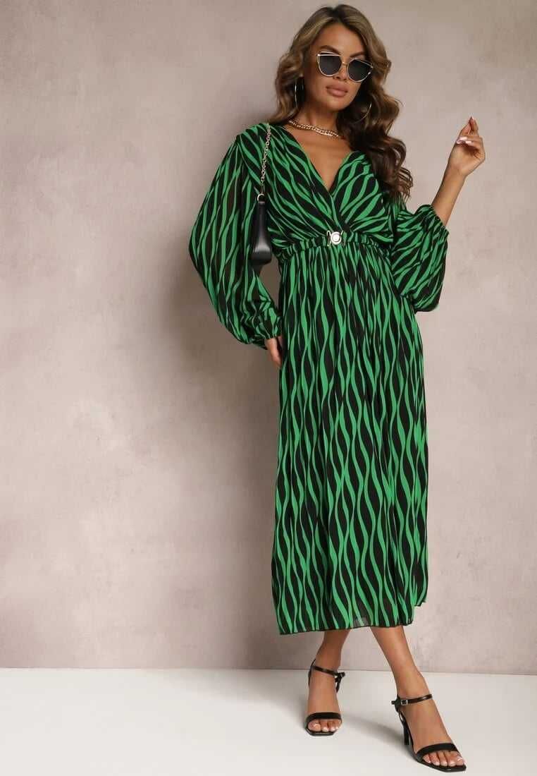 Zielona Plisowana Sukienka Maxi z Kopertową Górą i Gumką w Pasie