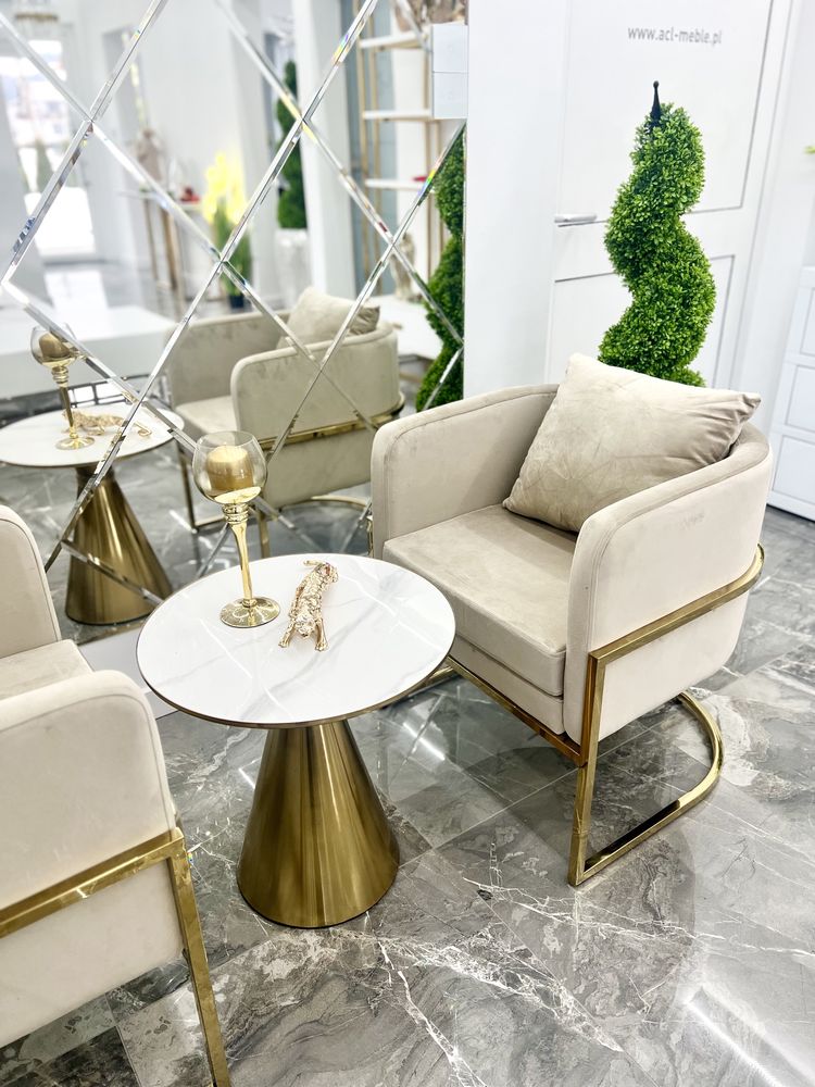 Nowoczesny fotel glamour złoty beżowy krzesło meble premium HIT