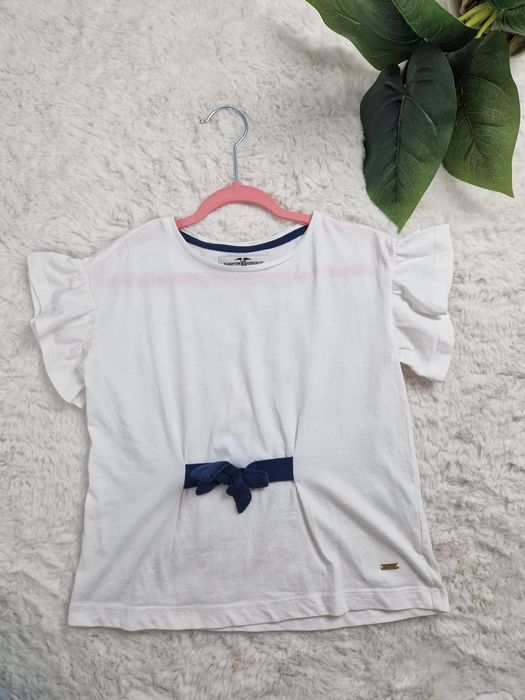 Biała bluzeczka na krótki rękaw dla dziewczynki z falbankami 110 116 c