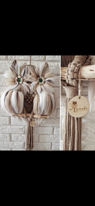 Beżowa sowa hand made makrama na prezent do salonu sypialni