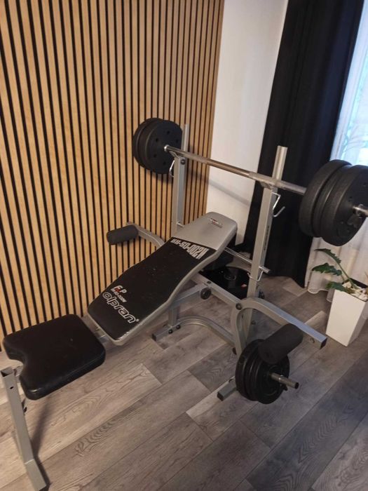 Ławka treningowa, sztanga + obciążenia