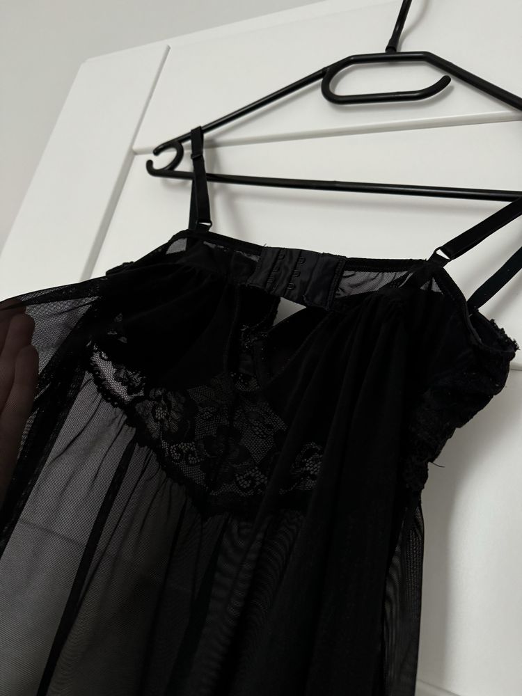 koszulka bielizna nocna czarna push-up w stylu bardotka 75B H&M