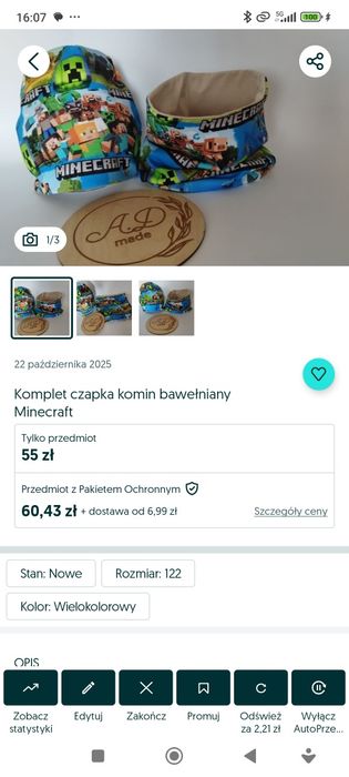 Komplet zestaw ocieplany Minecraft czapka komin