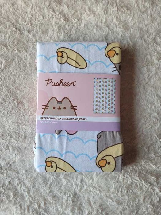 Prześcieradło bawełniane Pusheen 90x200x25 cm białe w koty