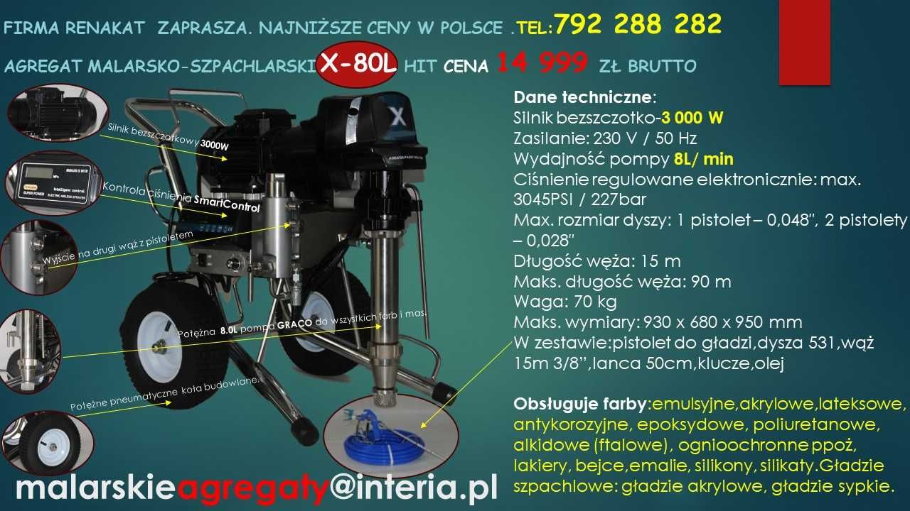 Agregat malarski X-80L -pompa 8L-motor3000 W.GŁADZIE-EPOKSYDY