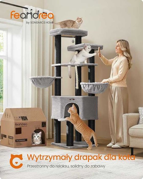 Feandrea Duży Drapak dla Kota XXL Drapak dla dużych kotów czarny/szary