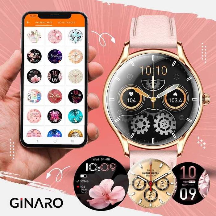 Smartwatch damski złoty zegarek elegancki kroki zdrowie pomiary muzyka