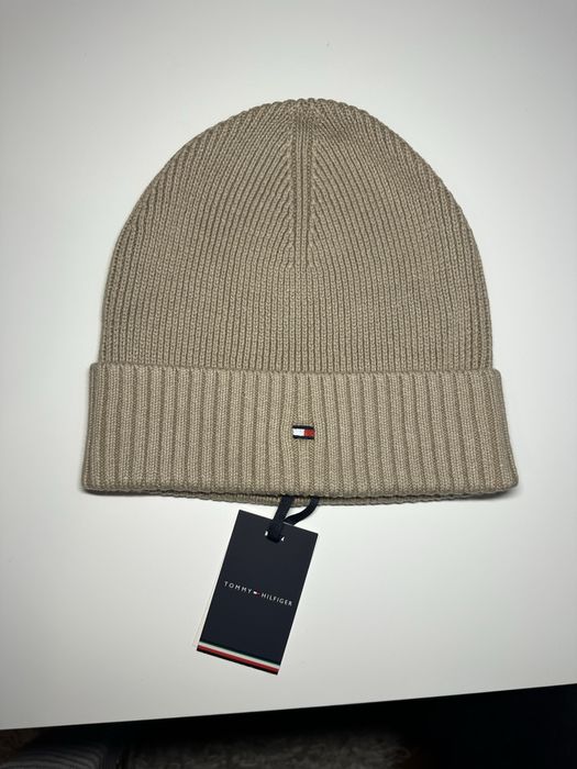 Tommy Hilfiger beżowa czapka jesienno zimowa bawełna kaszmir