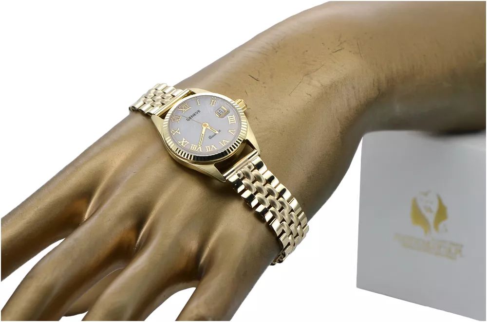 Złoty zegarek damski 14k Geneve z perłową tarczą lw020ydpr&lbw008y K