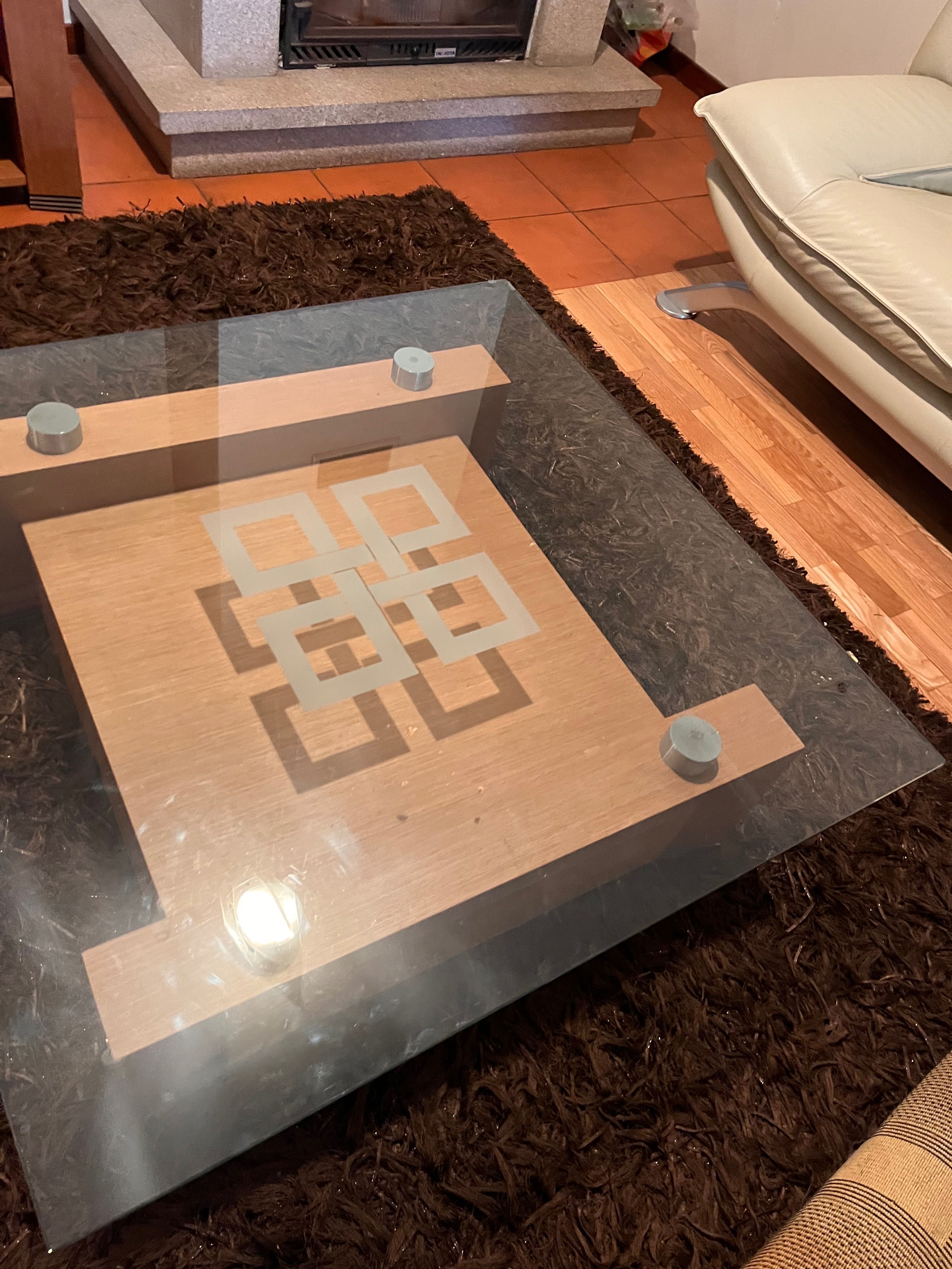 Mesa de Centro em Vidro Temperado e Madeira