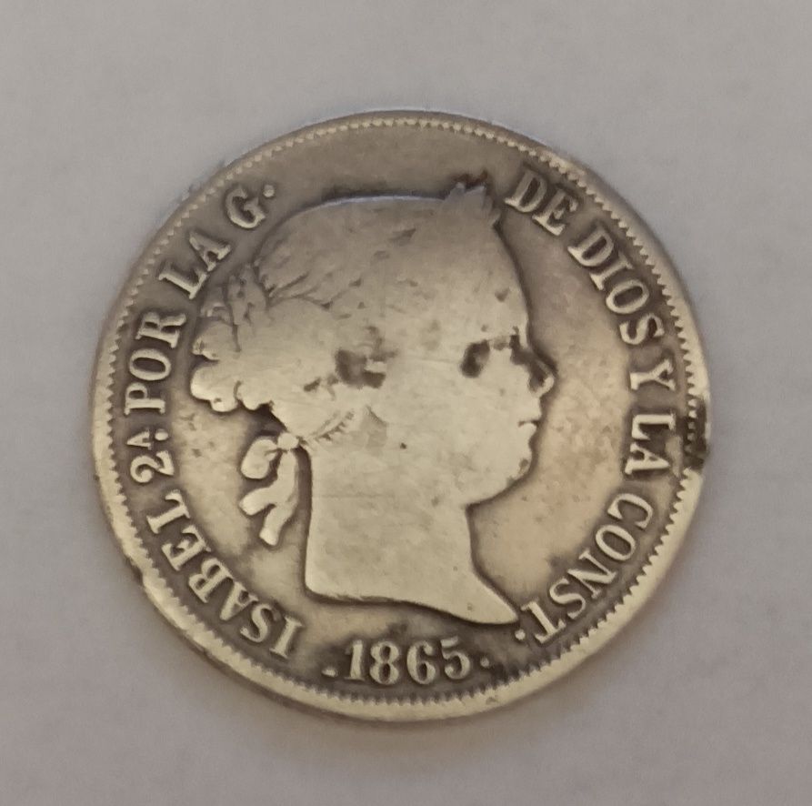 Moeda prata 40 cents 1865 Rainha Isabel 2a Espanha
