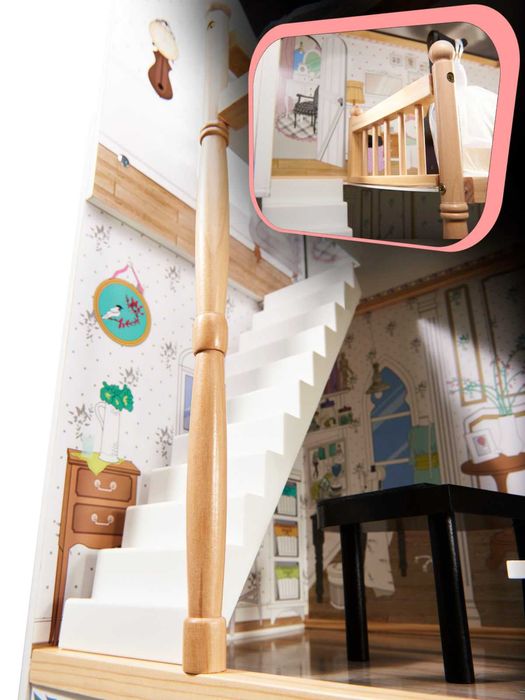 Wielki drewniany Domek dla lalek + 2 Lalki mebelki 122cm Oświetlenie