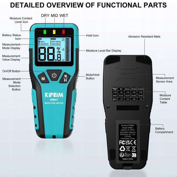 Bezpinowy miernik wilgotności drewna ścian i muru Kiprim WM01